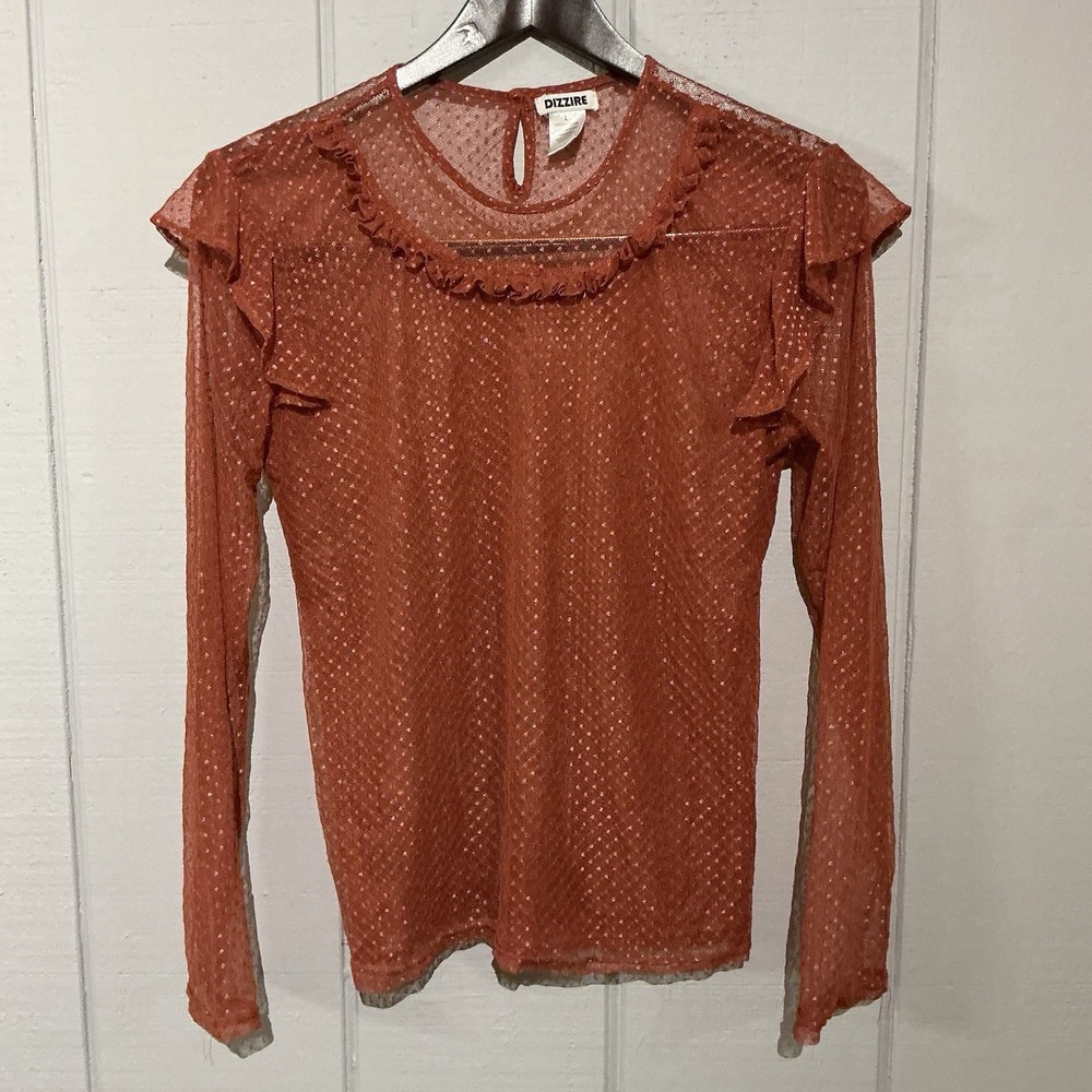Dizzire Brown sheer mesh long-sleeved top ruffle polka dot Women's Size Large